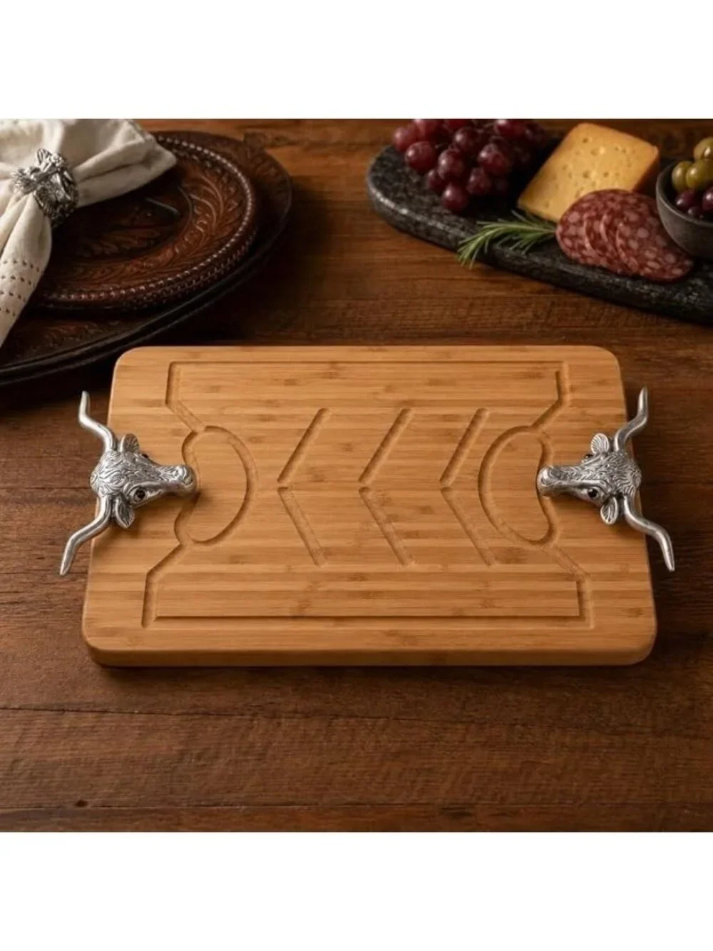 Arthur Court Longhorn Carving Board Bamboo Wood Aluminum 20” x 13” NIB